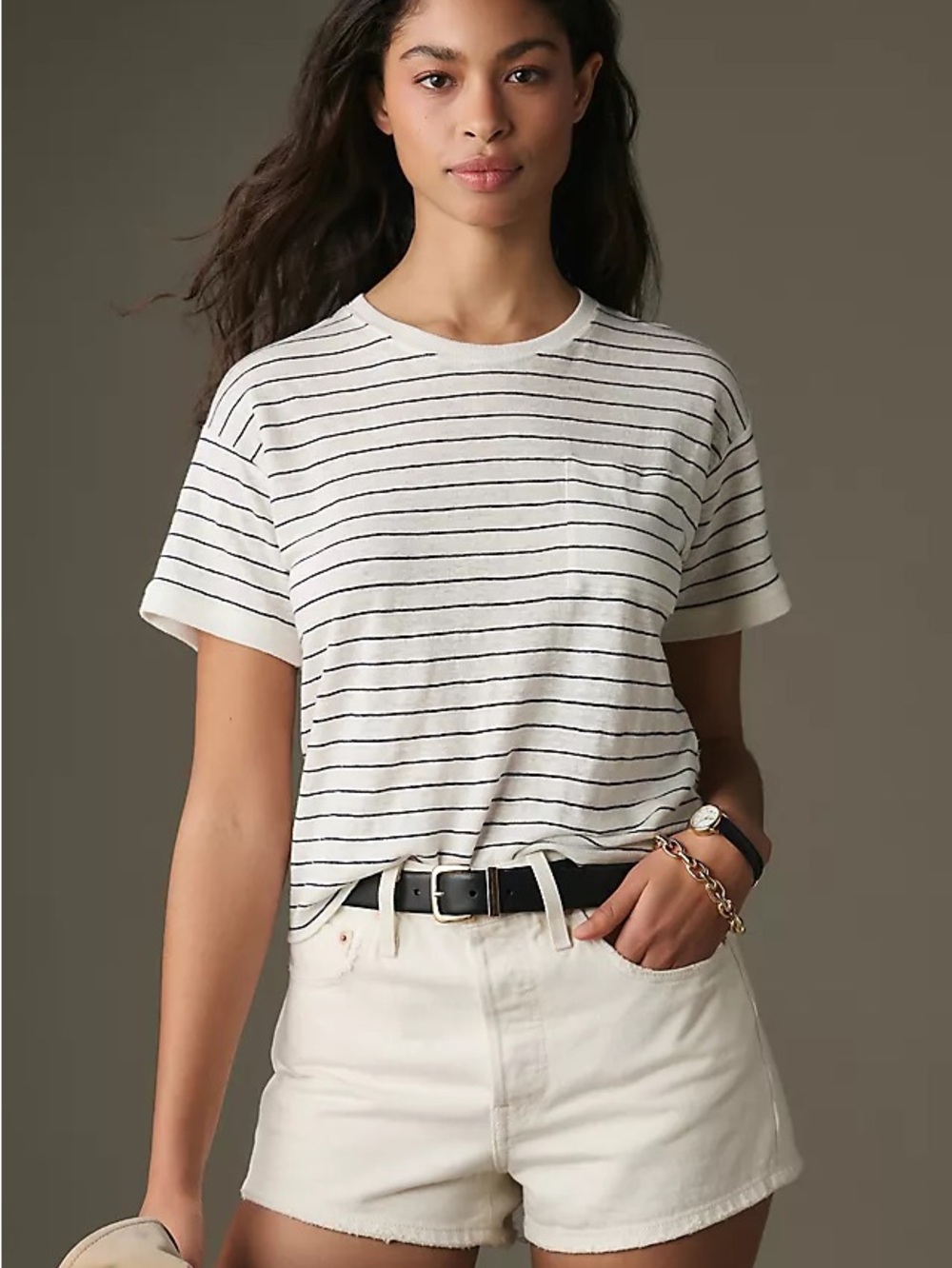 Frame Denim Cream Striped Short Sleeve Tee